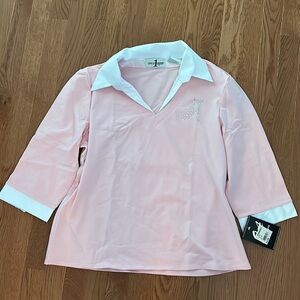 Once Again Womens Collared Top Pink and White Size XL